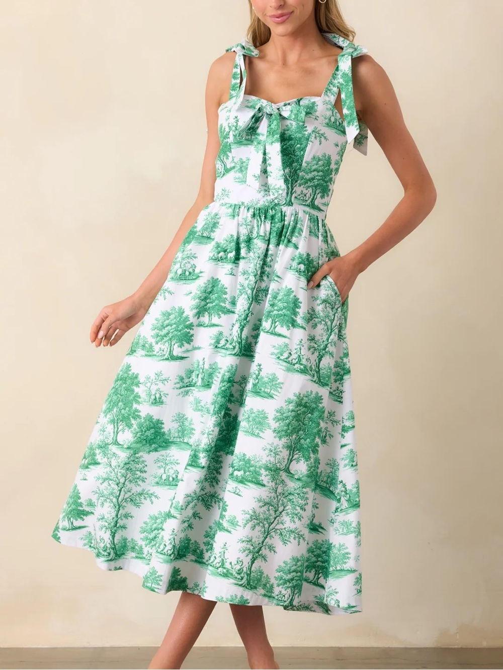 Prosperina Tie-Shoulder Green  Midi Dress